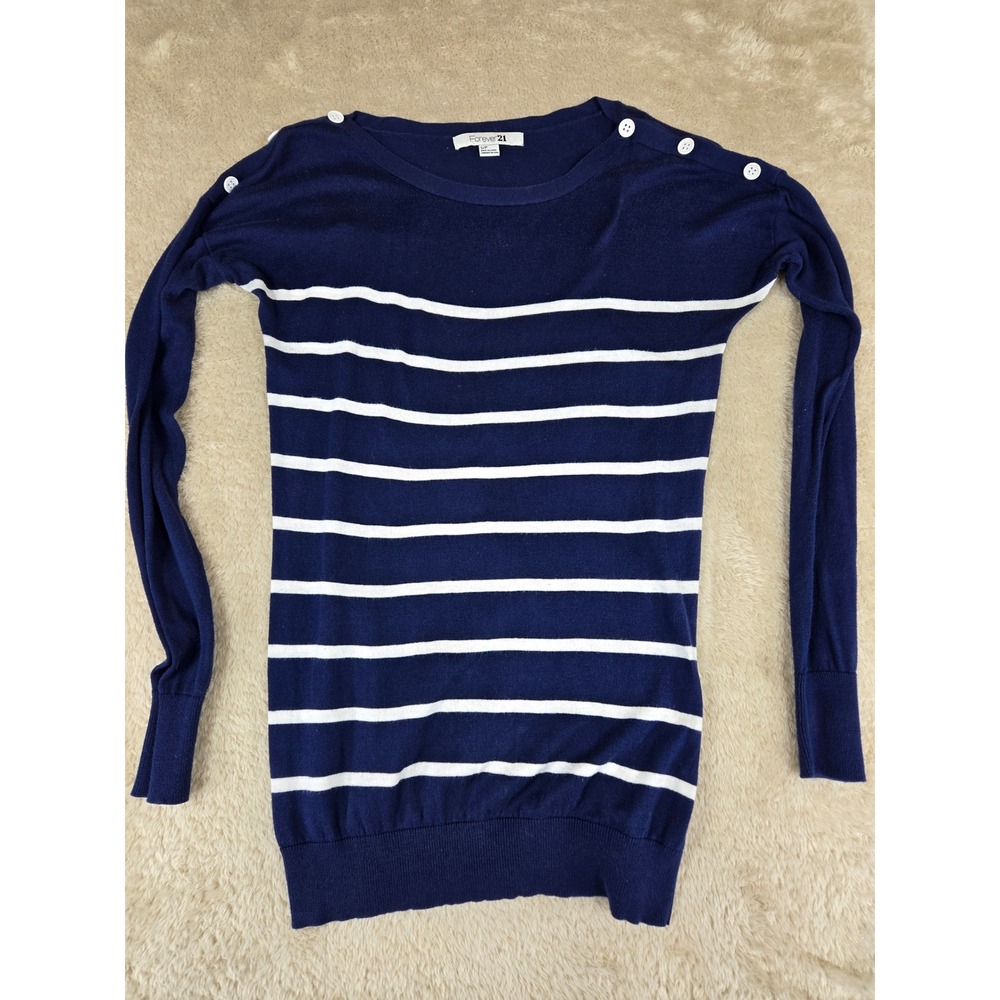 Forever 21 Navy Blue White Striped Nautical Button Shoulder Cotton Sweater Small